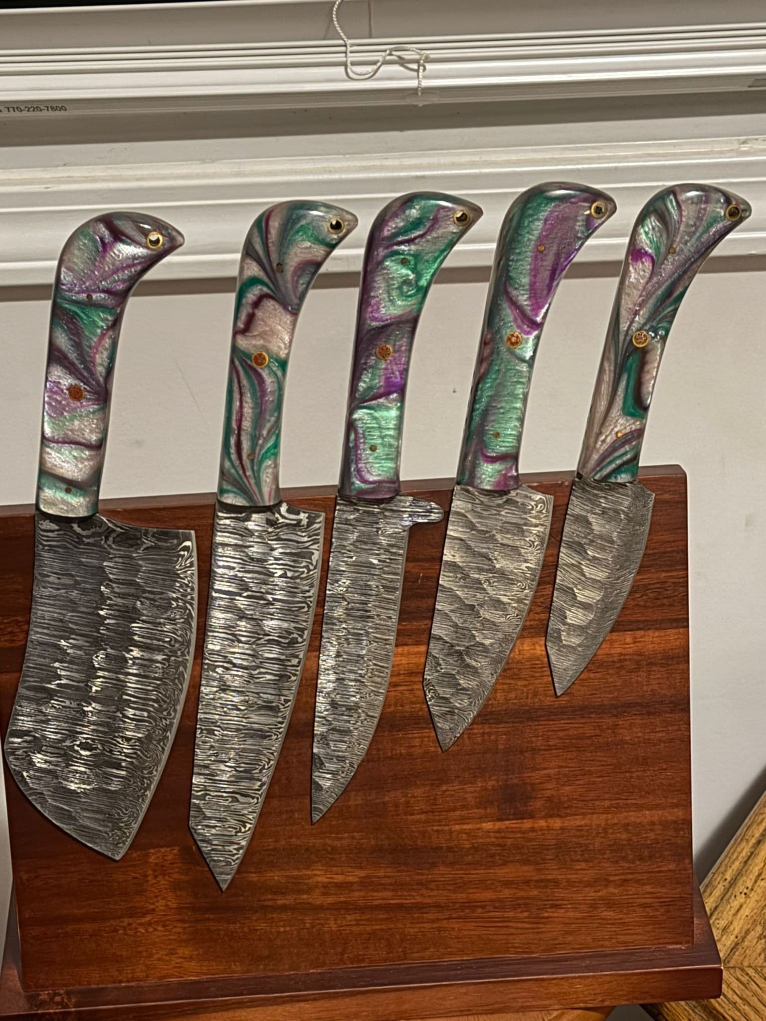 Aurora Damascus Kitchen Set on Wooden Block – Purple Swirl